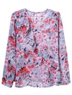 Romwe Multicolor Keyhole Back Ruffle Floral Print Blouse