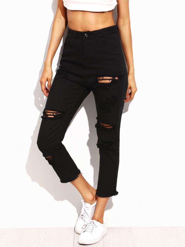 Romwe Black Ripped Frayed Skinny Ankle Jeans