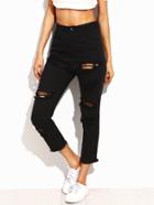 Romwe Black Ripped Frayed Skinny Ankle Jeans