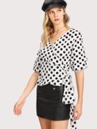 Romwe Layered Sleeve Knot Side Polka Dot Wrap Blouse