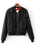 Romwe Black Zipper Up Quilted Padded Bomber Jacket