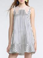 Romwe White Striped Contrast Gauze Frill Dress