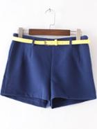 Romwe Navy Zipper Side Shorts With Belt