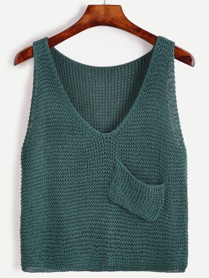 Romwe Dark Green V Neck Pocket Knit Sweater Vest