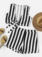Romwe Vertical Stripe Knot V Back Top With Shorts