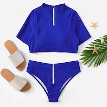 Romwe Stand Neck Top With Zipper Swimsuit