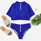 Romwe Stand Neck Top With Zipper Swimsuit