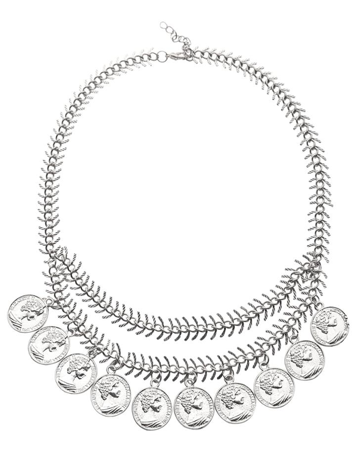 Romwe Silver Etched Coin Charm Fishbone Chain Necklace