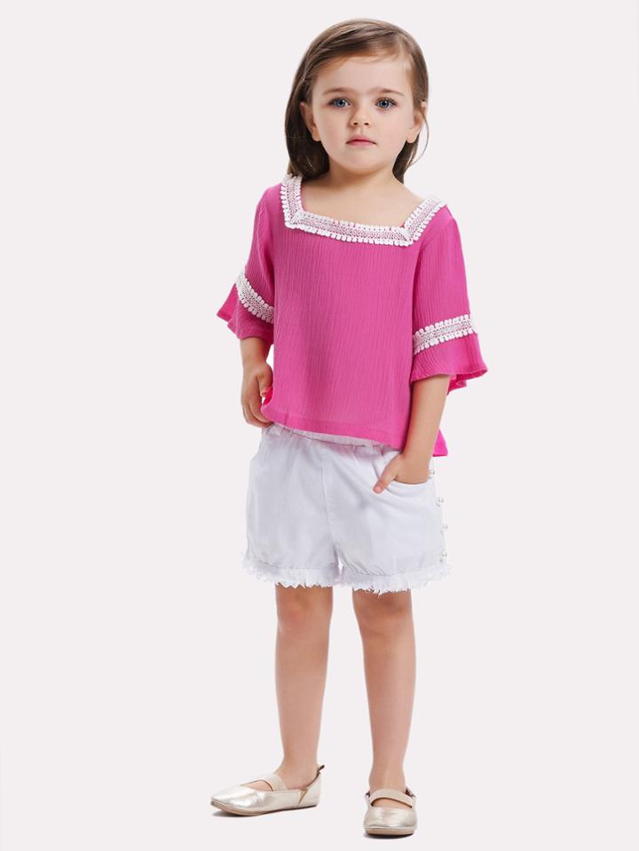 Romwe Flounce Sleeve Contrast Lace Tee