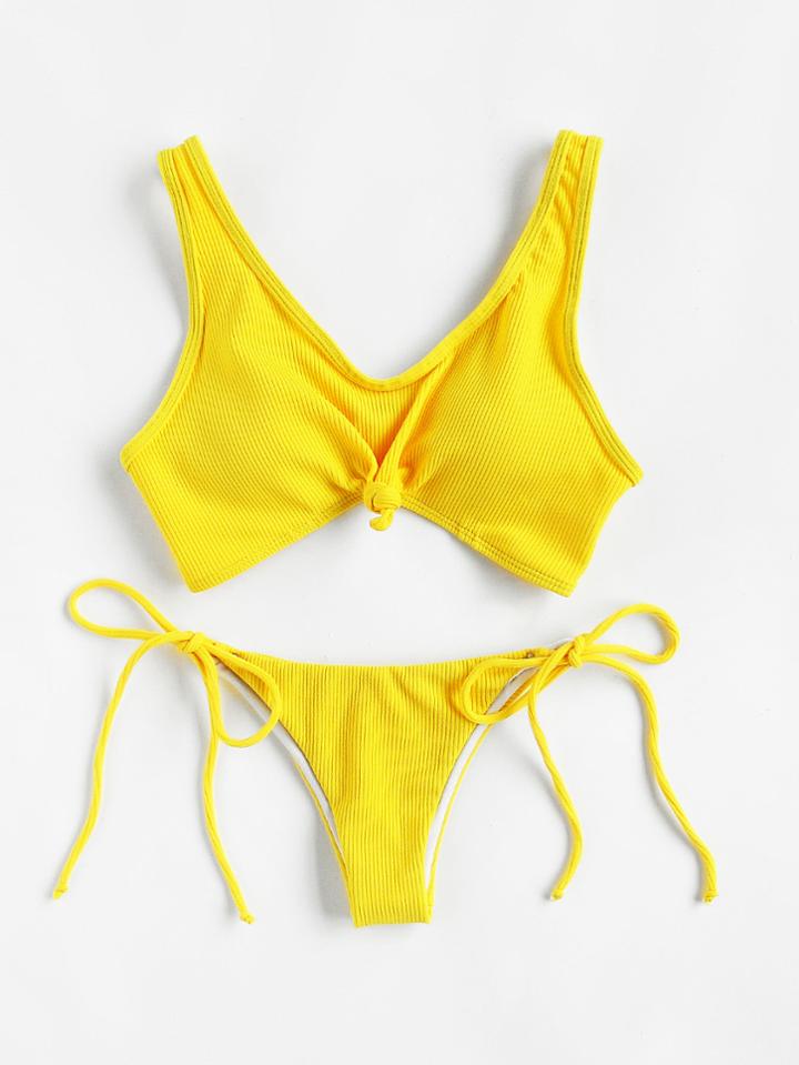 Romwe Knot Front Side Tie Ribbed Bikini Set