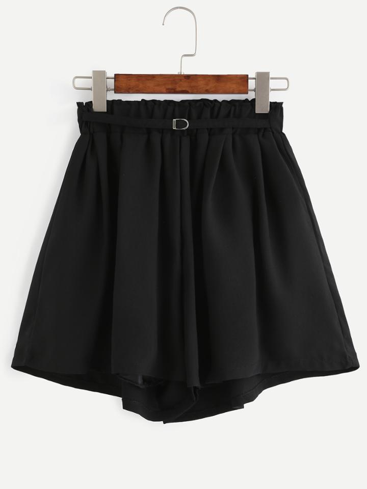 Romwe Black Elastic Waist Belt Chiffon Shorts
