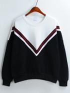 Romwe Colour-block Crew Neck Loose Sweatshirt