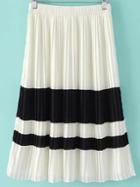 Romwe Black White Knee Length Elastic Waist Pleated Skirt