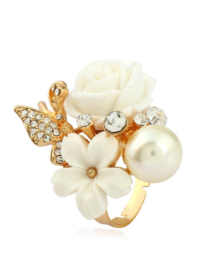 Romwe Faux Pearl & Flower Ring