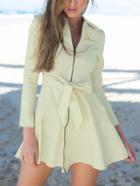 Romwe Puff Sleeve Bow Ribbon Pale Yellow Dress Coat