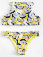 Romwe Lemon Print Ladder Cutout Bikini Set