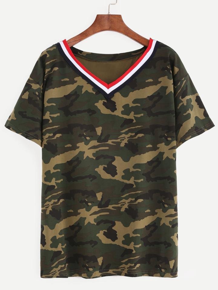 Romwe Contrast Trim V Neck Camouflage Print T-shirt