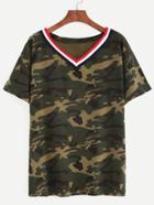 Romwe Contrast Trim V Neck Camouflage Print T-shirt