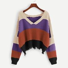 Romwe Color Block Raw Hem Sweater