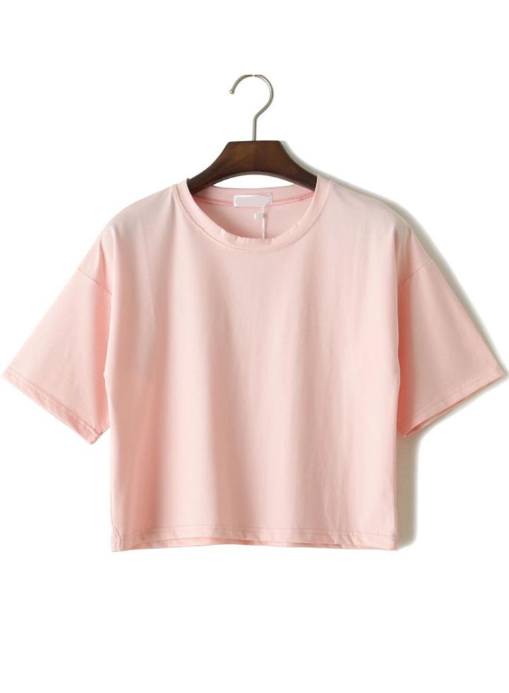 Romwe Round Neck Crop Light Pink T-shirt