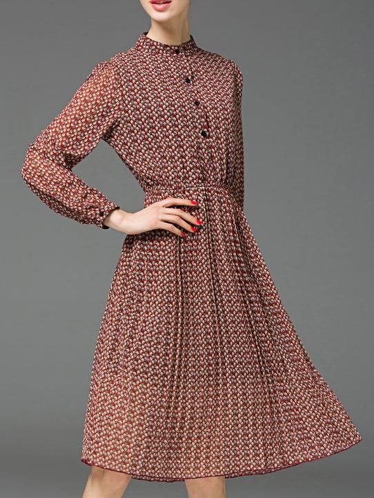 Romwe Red Elastic-waist Print A-line Dress