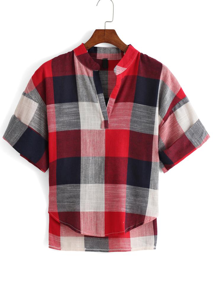 Romwe V Neck Dip Hem Plaid Red Blouse