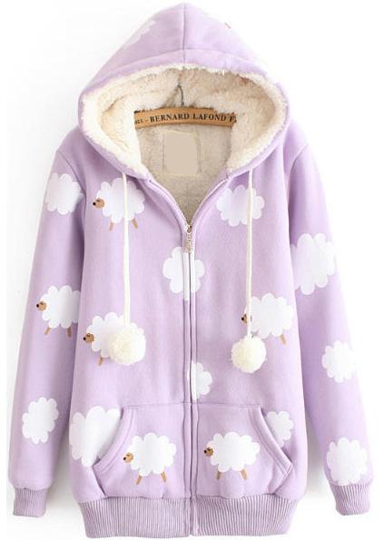 Romwe Hooded Sheep Print Pockets Purple Sweatshirt