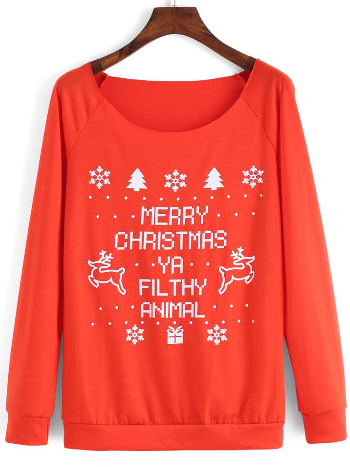 Romwe Orange Scoop Neck Christmas Snowflake Sweatshirt