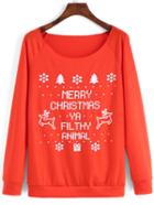 Romwe Orange Scoop Neck Christmas Snowflake Sweatshirt