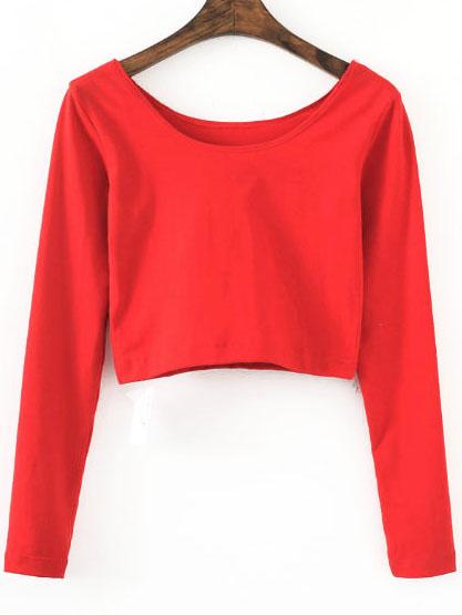 Romwe Red Long Sleeve Crop T-shirt
