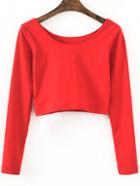 Romwe Red Long Sleeve Crop T-shirt
