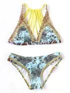 Romwe Multicolor Printed Strappy Bikini Set