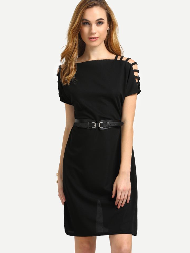 Romwe Belted Ladder-cutout Shoulder Dress - Black
