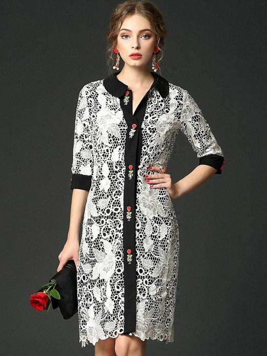 Romwe White Lapel Half Sleeve Lace Dress
