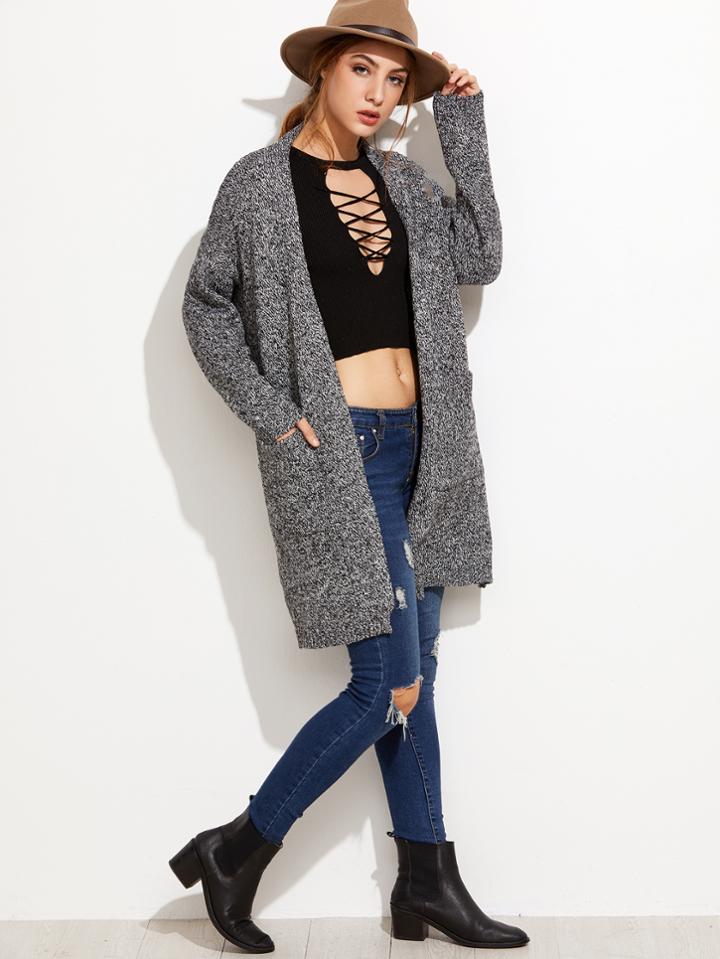 Romwe Grey Hollow Back Pockets Cardigan