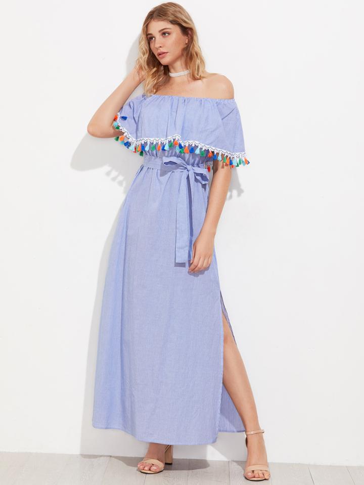 Romwe Tassel Trim Flounce Off Shoulder Side Slit Dress