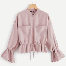 Romwe Pocket Front Drawstring Waist Scalloped Edge Jacket
