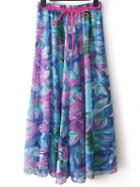 Romwe Leaves Print Pleated Skirt With Drawstring