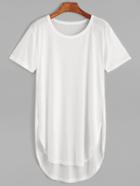 Romwe White Curved Hem High Low Long T-shirt
