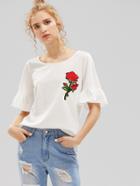 Romwe Embroidered Rose Patch Fluted Sleeve Tee
