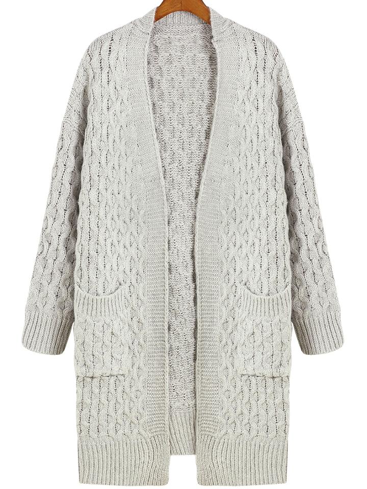 Romwe Cable Knit Pockets Long Coat
