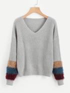 Romwe V Neckline Fur Cuff Sweater