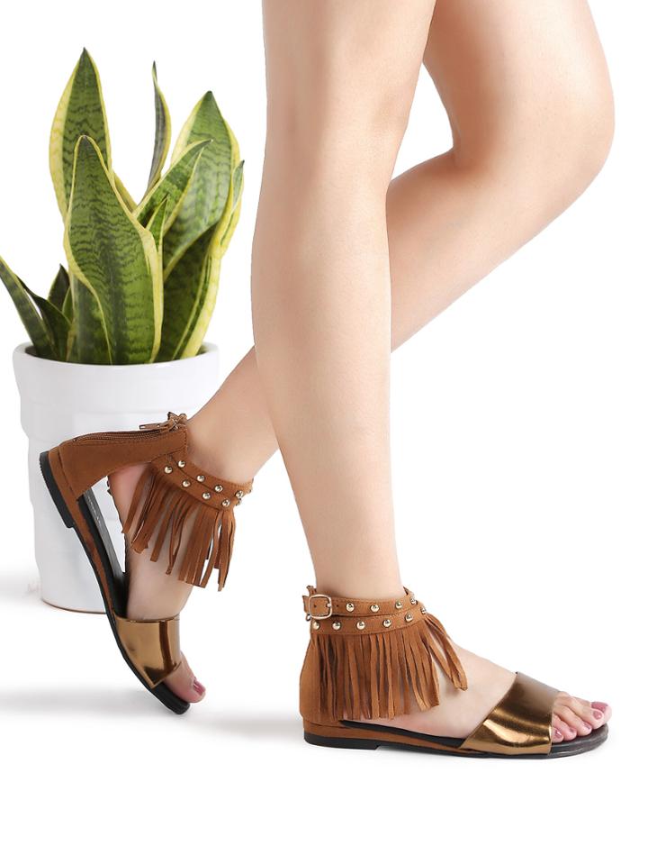 Romwe Brown Fringe Detail Ankle Strap Flat Sandals