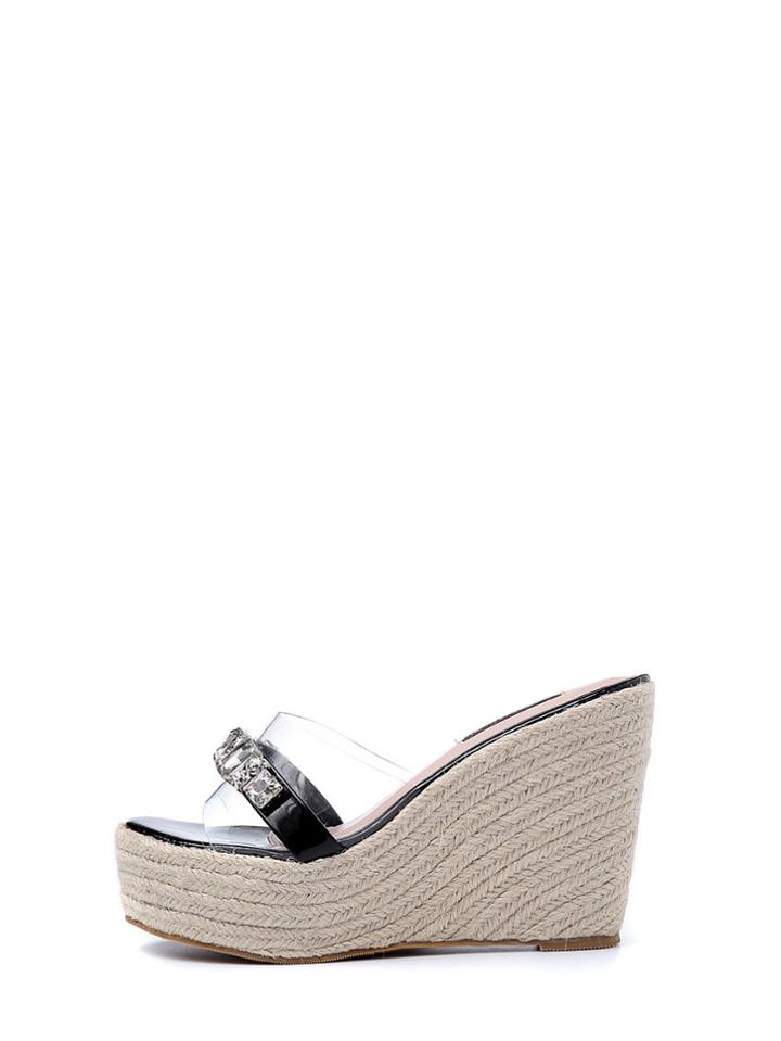 Romwe Black Peep Toe Rhinestone Wedge Slippers