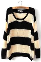 Romwe Black And White Striped Holed Out Sweater