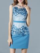 Romwe Blue Round Neck Sleeveless Contrast Gauze Embroidered Dress
