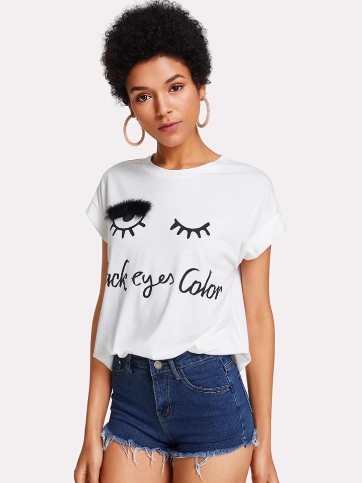 Romwe Faux Fur Wink Eyes Print Tee