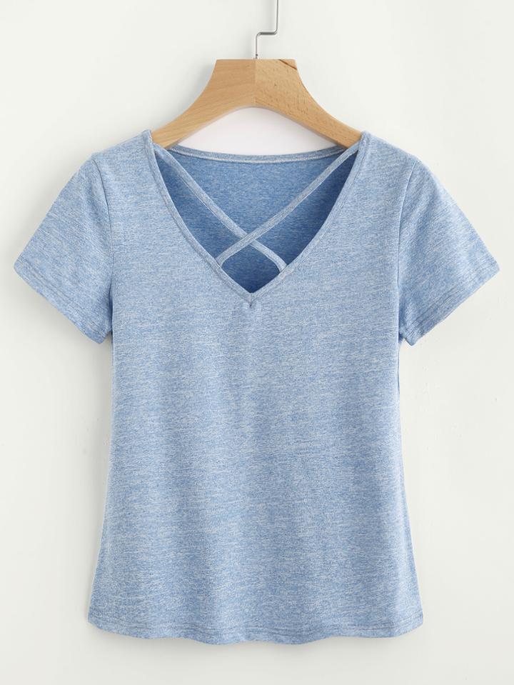 Romwe V Neckline Criss Cross Slub Tee