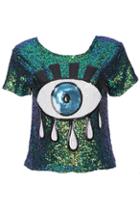 Romwe Sequin Eye Stitching Green Short-sleeved T-shirt