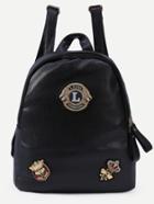Romwe Black Pebbled Faux Leather Badge Patch Backpack